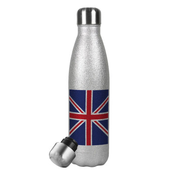 Σημαία Αγγλίας UK, Μεταλλικό παγούρι θερμός Glitter Aσημένιο (Stainless steel), διπλού τοιχώματος, 500ml