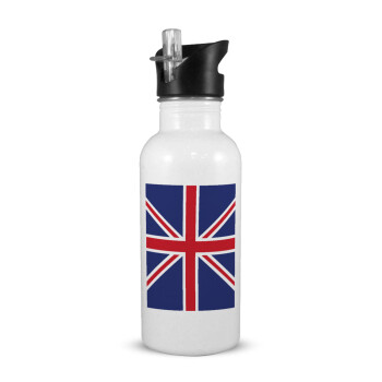 Σημαία Αγγλίας UK, Παγούρι νερού Λευκό με καλαμάκι, ανοξείδωτο ατσάλι 600ml