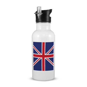 UK Flag, White water bottle with straw, stainless steel 600ml