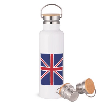 Σημαία Αγγλίας UK, Μεταλλικό παγούρι θερμός (Stainless steel) Λευκό με ξύλινο καπακι (bamboo), διπλού τοιχώματος, 750ml