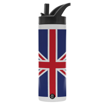UK Flag, Metallic thermos bottle with straw & handle, stainless steel (Stainless steel 304), double-walled, 600ml.