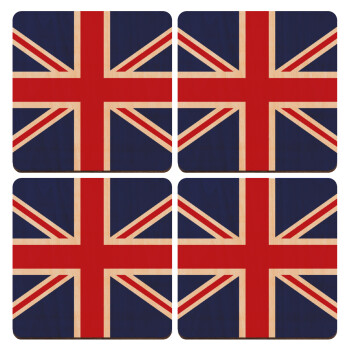 Σημαία Αγγλίας UK, ΣΕΤ x4 Σουβέρ ξύλινα τετράγωνα plywood (9cm)