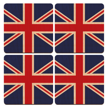 UK Flag, ΣΕΤ x4 Σουβέρ ξύλινα τετράγωνα plywood (9cm)