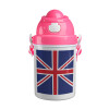 Σημαία Αγγλίας UK, Ροζ παιδικό παγούρι πλαστικό (BPA-FREE) με καπάκι ασφαλείας, κορδόνι και καλαμάκι, 400ml