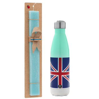 UK Flag, Easter Set, Metallic green/white thermos (Stainless steel), double-walled, 500ml & scented flat Easter candle (30cm) (TURQUOISE)
