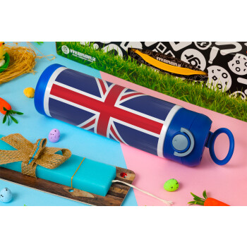 UK Flag, Easter candle, Childrens hot water bottle, stainless steel, with safety straw, BLUE (500ml)