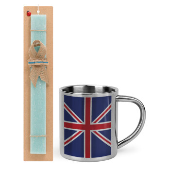 Σημαία Αγγλίας UK, Πασχαλινό Σετ, μεταλλική κούπα θερμό (300ml) & πασχαλινή λαμπάδα αρωματική πλακέ (30cm) (ΤΙΡΚΟΥΑΖ)