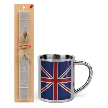 Σημαία Αγγλίας UK, Πασχαλινό Σετ, μεταλλική κούπα θερμό (300ml) & πασχαλινή λαμπάδα αρωματική πλακέ (30cm) (ΓΚΡΙ)