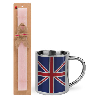 Σημαία Αγγλίας UK, Πασχαλινό Σετ, μεταλλική κούπα θερμό (300ml) & πασχαλινή λαμπάδα αρωματική πλακέ (30cm) (ΡΟΖ)