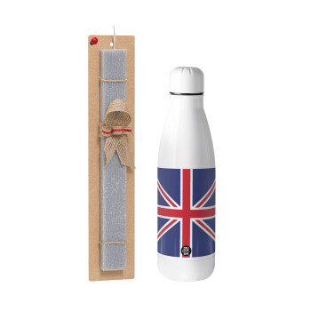 UK Flag, Easter Set, metallic stainless thermos bottle (500ml) & scented flat Easter candle (30cm) (GRAY)