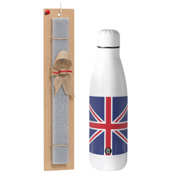 Σημαία Αγγλίας UK, Πασχαλινό Σετ, μεταλλικό παγούρι Inox (700ml) & πασχαλινή λαμπάδα αρωματική πλακέ (30cm) (ΓΚΡΙ)