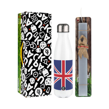 UK Flag, Easter candle, metallic white thermos bottle (500ml) & aromatic flat candle (30cm) (GRAY)