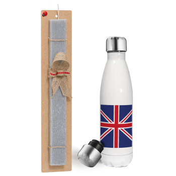 Σημαία Αγγλίας UK, Πασχαλινή λαμπάδα, μεταλλικό παγούρι θερμός λευκός (500ml) & λαμπάδα αρωματική πλακέ (30cm) (ΓΚΡΙ)