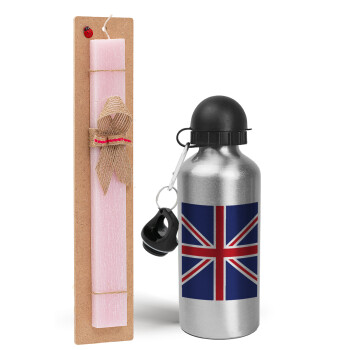 UK Flag, Πασχαλινό Σετ, παγούρι μεταλλικό Ασημένιο αλουμινίου (500ml) & πασχαλινή λαμπάδα αρωματική πλακέ (30cm) (ΡΟΖ)
