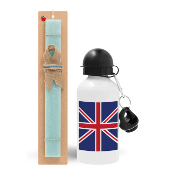 UK Flag, Easter Set, metallic aluminum water bottle (500ml) & scented flat candle (30cm) (TURQUOISE)