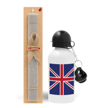 UK Flag, Easter Set, metallic aluminum water bottle (500ml) & aromatic flat Easter candle (30cm) (GRAY)