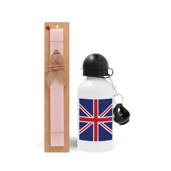 UK Flag, Easter Set, metallic aluminum bottle (500ml) & aromatic flat Easter candle (30cm) (PINK)