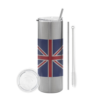 Σημαία Αγγλίας UK, Eco friendly ποτήρι θερμό Ασημένιο (tumbler) από ανοξείδωτο ατσάλι 600ml, με μεταλλικό καλαμάκι & βούρτσα καθαρισμού