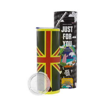 UK Flag, Neon Yellow Travel Tumbler, with metal straw (Stainless steel 304 Food grade, BPA free, 600ml)