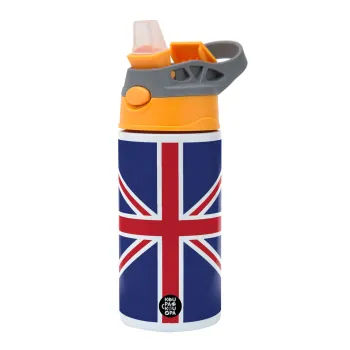 Σημαία Αγγλίας UK, Παιδικό παγούρι θερμό, ανοξείδωτο, με καλαμάκι ασφαλείας, Πορτοκαλί/Γκρι (360ml) BPA-FREE