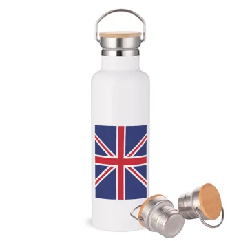 Σημαία Αγγλίας UK, Μεταλλικό παγούρι θερμός (Stainless steel) Λευκό με ξύλινο καπάκι (bamboo), διπλού τοιχώματος, 750ml