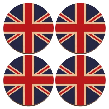 UK Flag, ΣΕΤ x4 Σουβέρ ξύλινα στρογγυλά plywood (9cm)