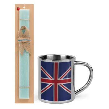 UK Flag, Easter Set, metallic thermal cup (300ml) & aromatic flat Easter candle (30cm) (TURQUOISE)