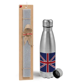 UK Flag, Easter Set, metallic Inox water bottle (750ml) & aromatic flat Easter candle (30cm) (GRAY)