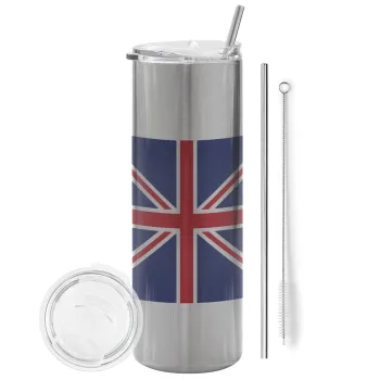 Σημαία Αγγλίας UK, Tumbler ποτήρι θερμό Ασημένιο από ανοξείδωτο ατσάλι 600ml, με μεταλλικό καλαμάκι & βούρτσα καθαρισμού