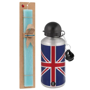 UK Flag, Easter Set, metallic silver aluminum water bottle (500ml) & scented flat Easter candle (30cm) (TURQUOISE)