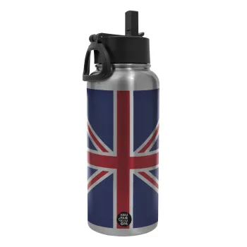 UK Flag, Metal mug thermo Silver with Straw and Spout Lid (Stainless steel), double wall, 950ml