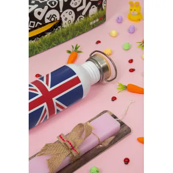 UK Flag, Easter Set, SS Metallic water bottle (620ml, stainless steel) & scented flat Easter candle (30cm) (PINK)
