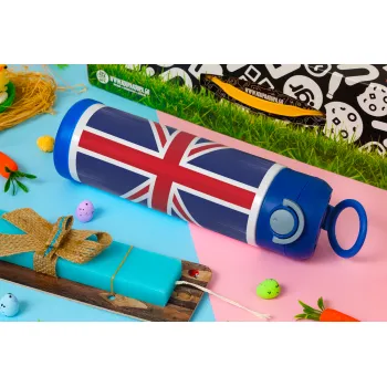 Σημαία Αγγλίας UK, Πασχαλινή Λαμπάδα με Παιδικό παγούρι θερμό, ανοξείδωτο, με καλαμάκι ασφαλείας, ΜΠΛΕ (500ml)