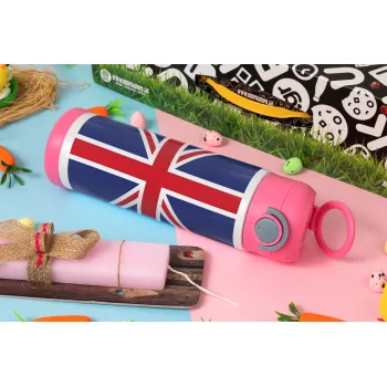 UK Flag, Easter candle, Childrens hot water bottle, stainless steel, with safety straw, PINK (500ml)