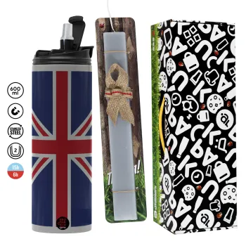 Σημαία Αγγλίας UK, Πασχαλινή Λαμπάδα με Travel Tumbler θερμό (600ml, BPA free) & κερί αρωματικό πλακέ (30cm) (ΓΚΡΙ)