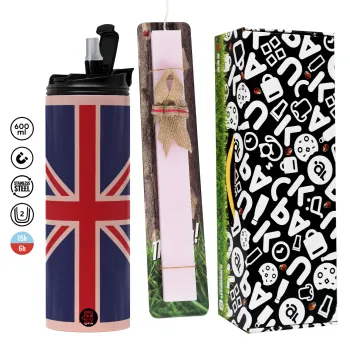 Σημαία Αγγλίας UK, Πασχαλινή Λαμπάδα με  ΡΟΖ Travel Tumbler θερμό (600ml, BPA free) & κερί αρωματικό πλακέ (30cm) (ΡΟΖ)