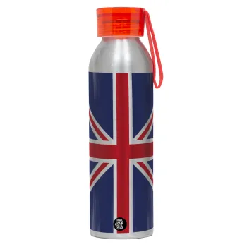 Σημαία Αγγλίας UK, Αλουμινένιο Αθλητικό Μπουκάλι 650ml – Ασημί με Κόκκινο Καπάκι και Λουράκι Σιλικόνης