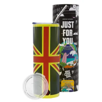 Σημαία Αγγλίας UK, Neon Yellow Travel Tumbler θερμό, μεταλλικό καλαμάκι(Ανωξείδωτο 304 Food grade, BPA free, 600ml)