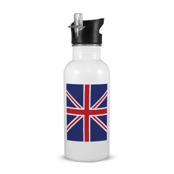 UK Flag, White water bottle with straw, stainless steel 600ml