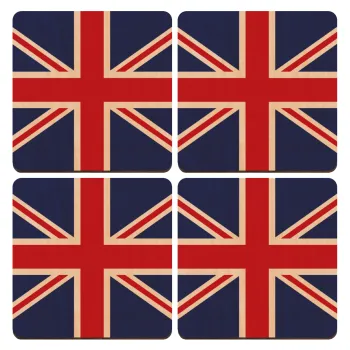 Σημαία Αγγλίας UK, ΣΕΤ x4 Σουβέρ ξύλινα τετράγωνα plywood (9cm)