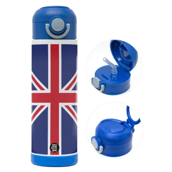 UK Flag, Children's hot water bottle, stainless steel, with safety straw, BLUE (500ml)