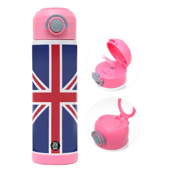 UK Flag, Children's hot water bottle, stainless steel, with safety straw, PINK (500ml)
