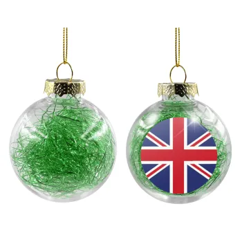 UK Flag, Transparent Christmas tree ball ornament with green filling 8cm