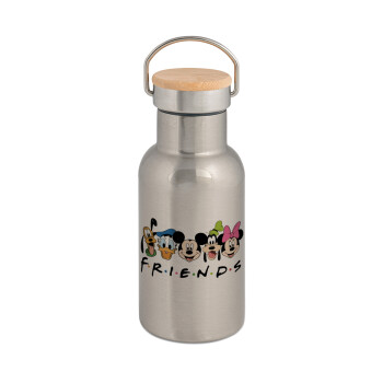 Friends characters, Stainless steel metallic thermos flask, silver with a bamboo lid, double-walled, 350ml.