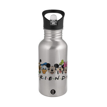 Friends characters, Water bottle Silver with straw, stainless steel 500ml