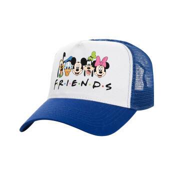 Friends characters, Adult Structured Trucker Hat, with Mesh, WHITE/BLUE (100% COTTON, ADULT, UNISEX, ONE SIZE)