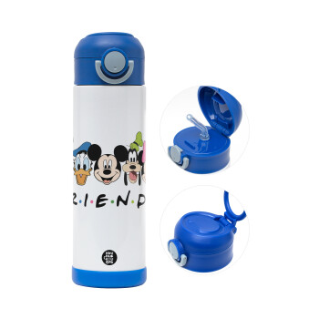 Friends characters, Children's hot water bottle, stainless steel, with safety straw, BLUE (500ml)