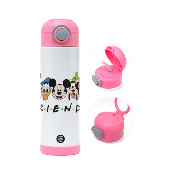 Friends characters, Children's hot water bottle, stainless steel, with safety straw, PINK (500ml)