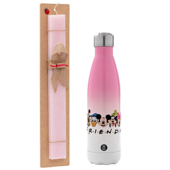 Friends characters, Easter Set, Metallic pink/white (Stainless steel) thermos, double-walled, 500ml & aromatic flat Easter candle (30cm) (PINK)