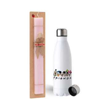 Friends characters, Easter Set, metallic stainless steel water bottle (750ml) & scented flat Easter candle (30cm) (PINK)